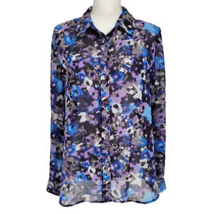 Coldwater Creek L/14 Button Down Top Sheer Blue/Purple Floral